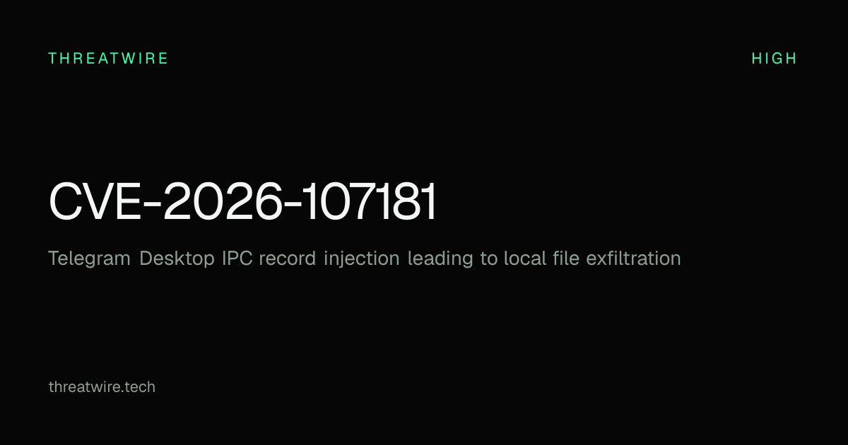 CVE-2026-107181 Telegram Desktop one-click file exfiltration · ThreatWire