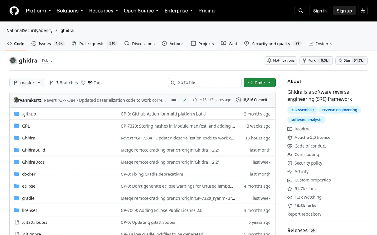 Homepage of Ghidra