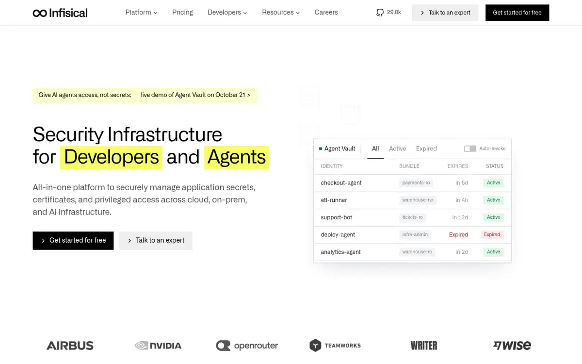 Homepage of Infisical