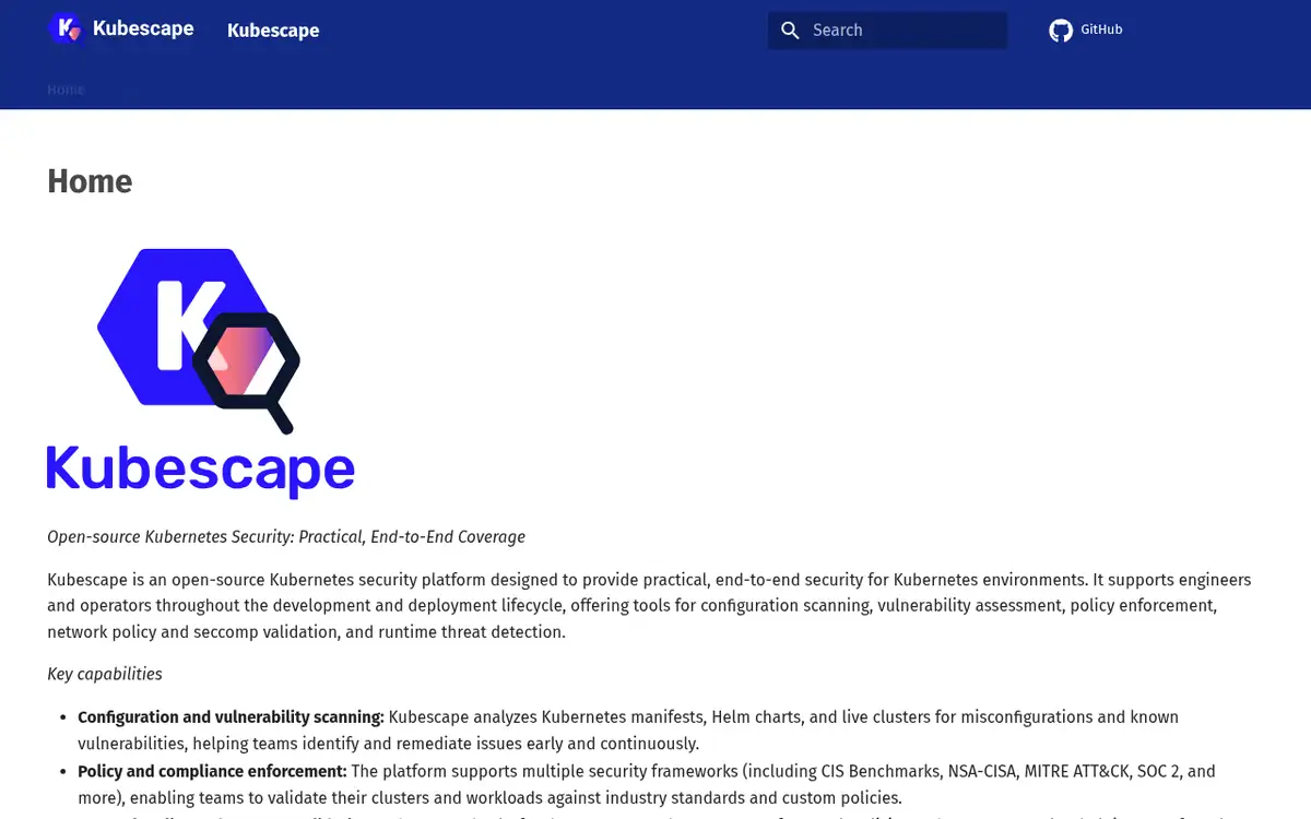 Homepage of Kubescape