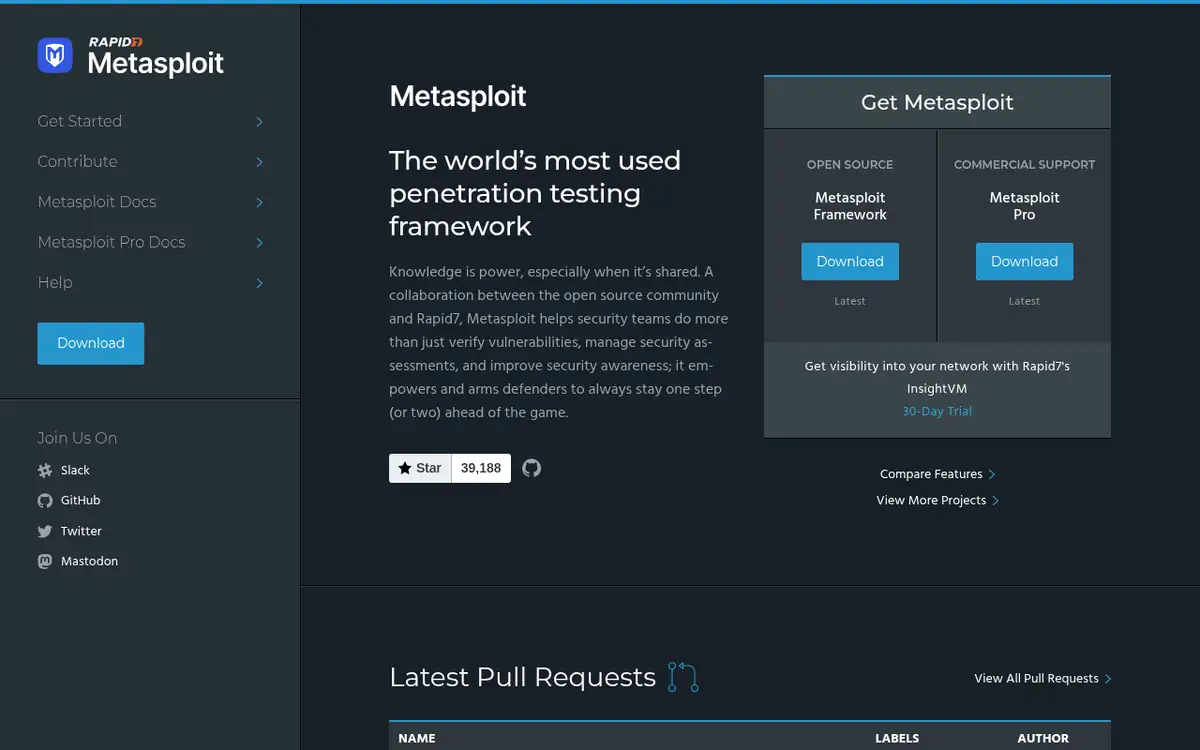 Homepage of Metasploit Framework