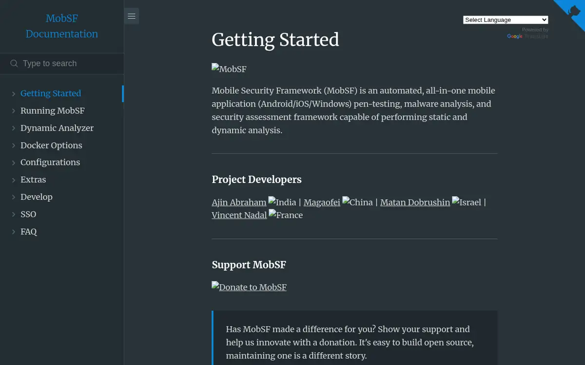Homepage of MobSF