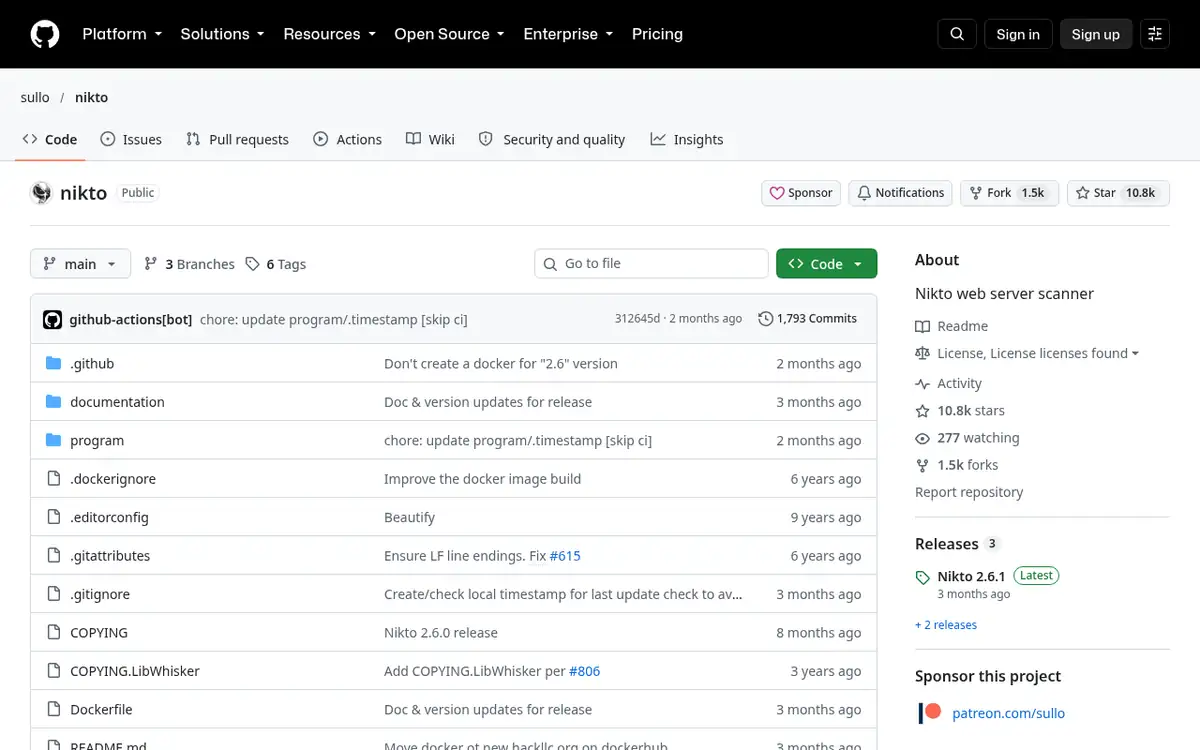 Homepage of Nikto
