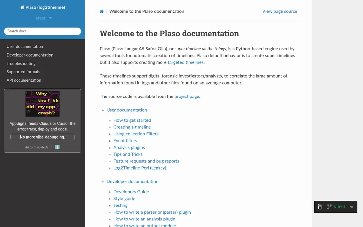 Homepage of Plaso (log2timeline)