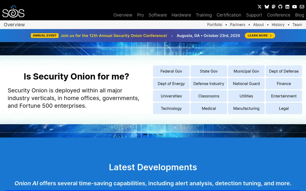Homepage of Security Onion