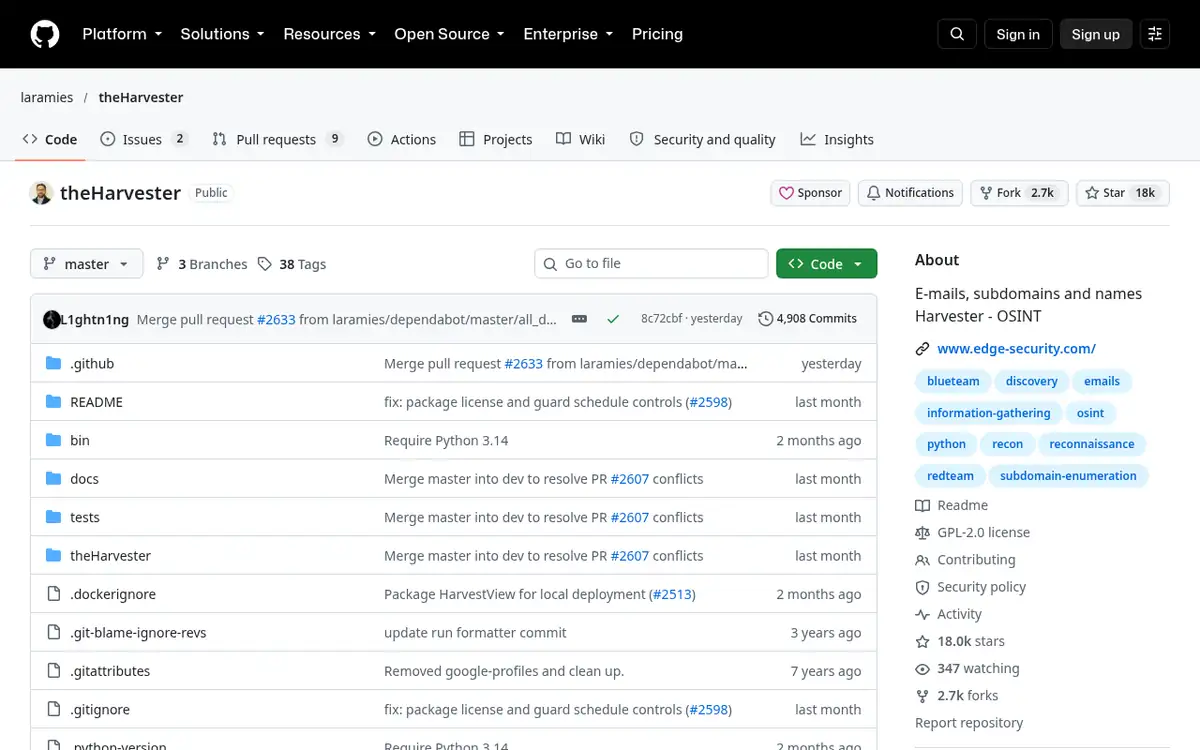 Homepage of theHarvester