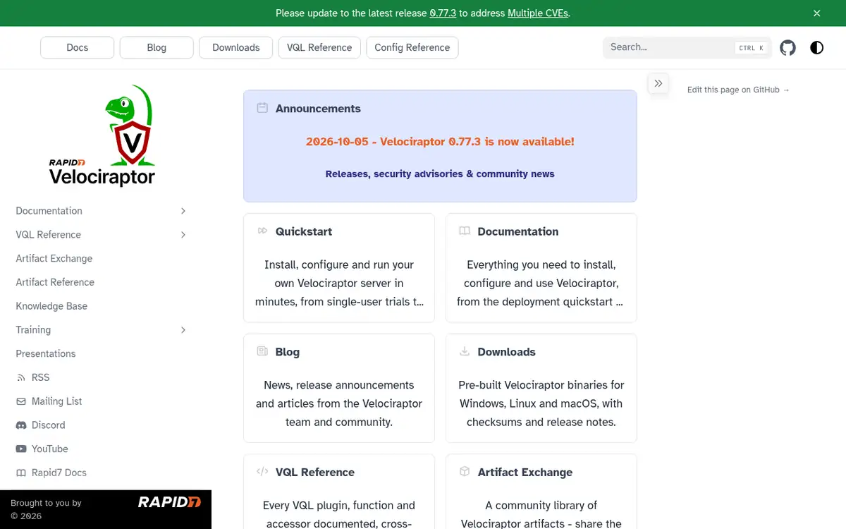 Homepage of Velociraptor