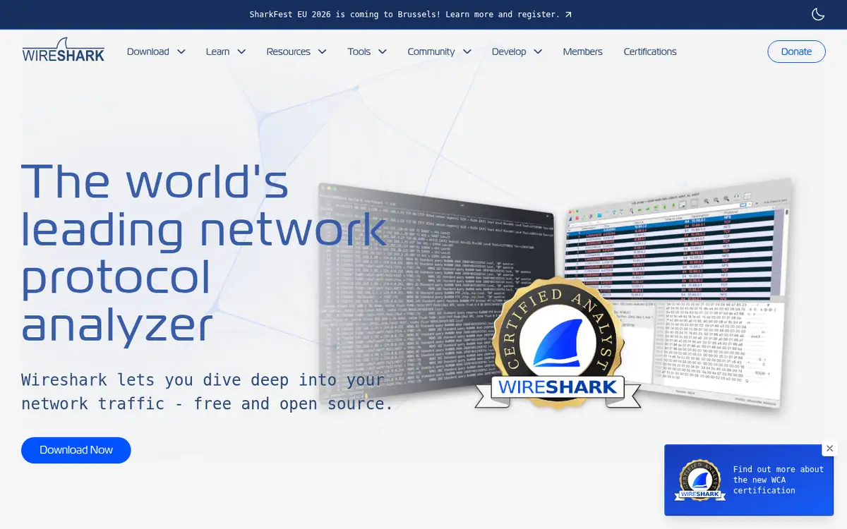 Homepage of Wireshark