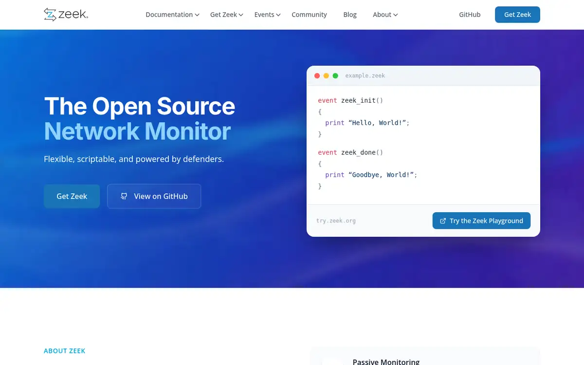 Homepage of Zeek